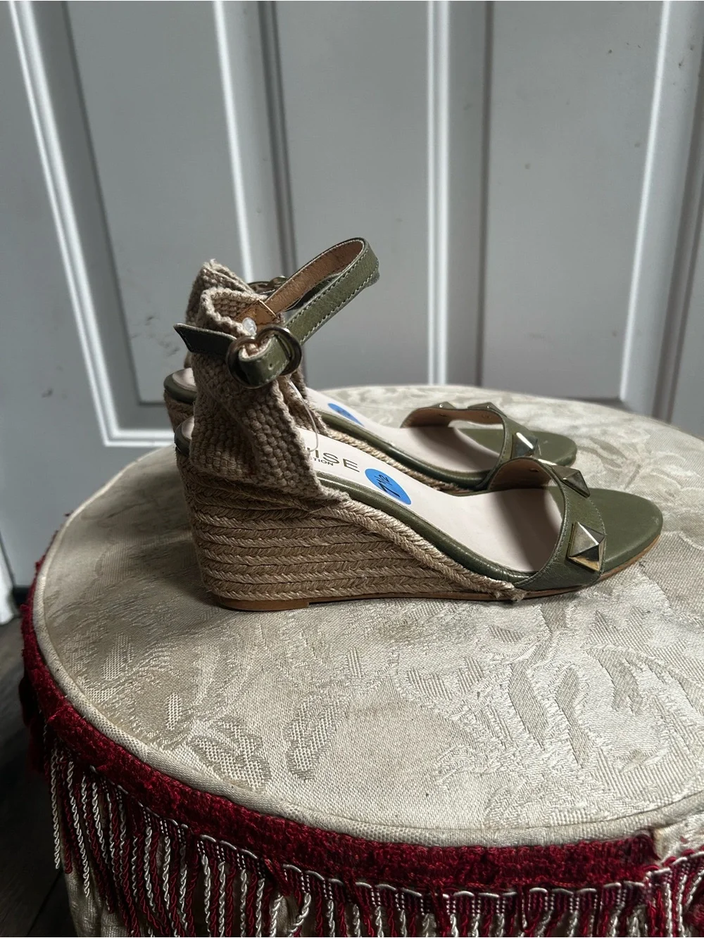 Venise Collection Olive Green Espadrille Wedge Sandals with Ankle Strap Sz 38